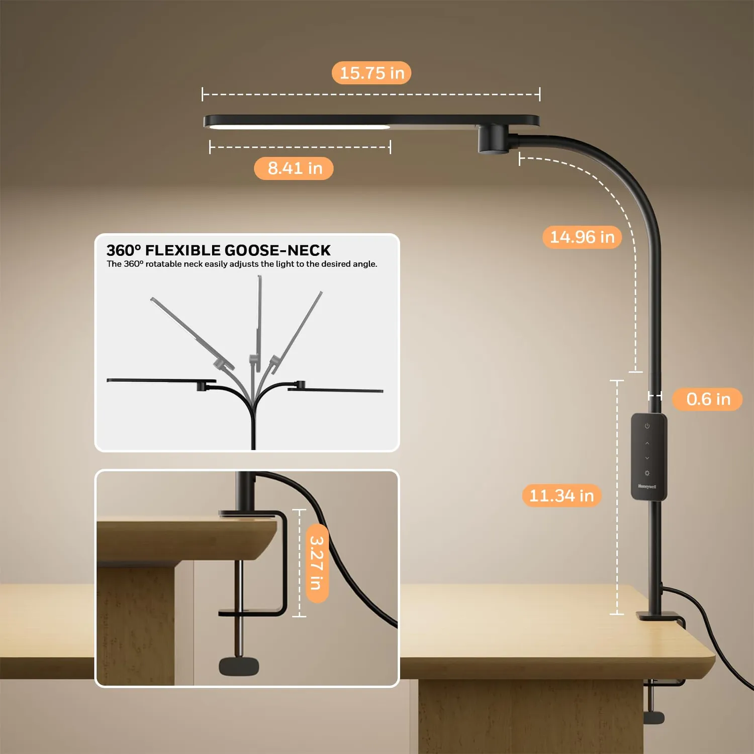 Honeywell HJ2 lampada da scrivania LED con morsetto nero CRI97