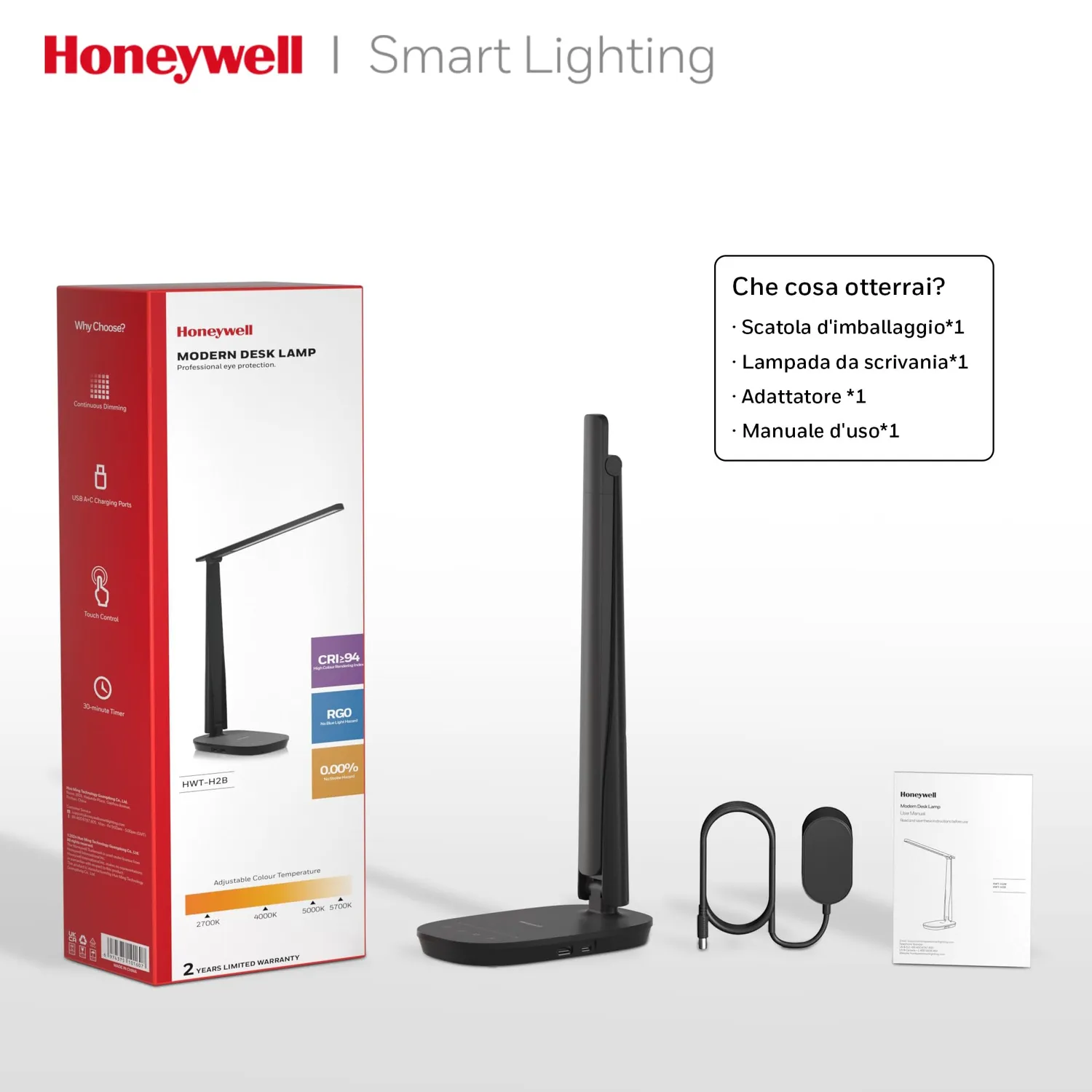 Honeywell HWT-H2 lampada scrivania LED nera USB-C