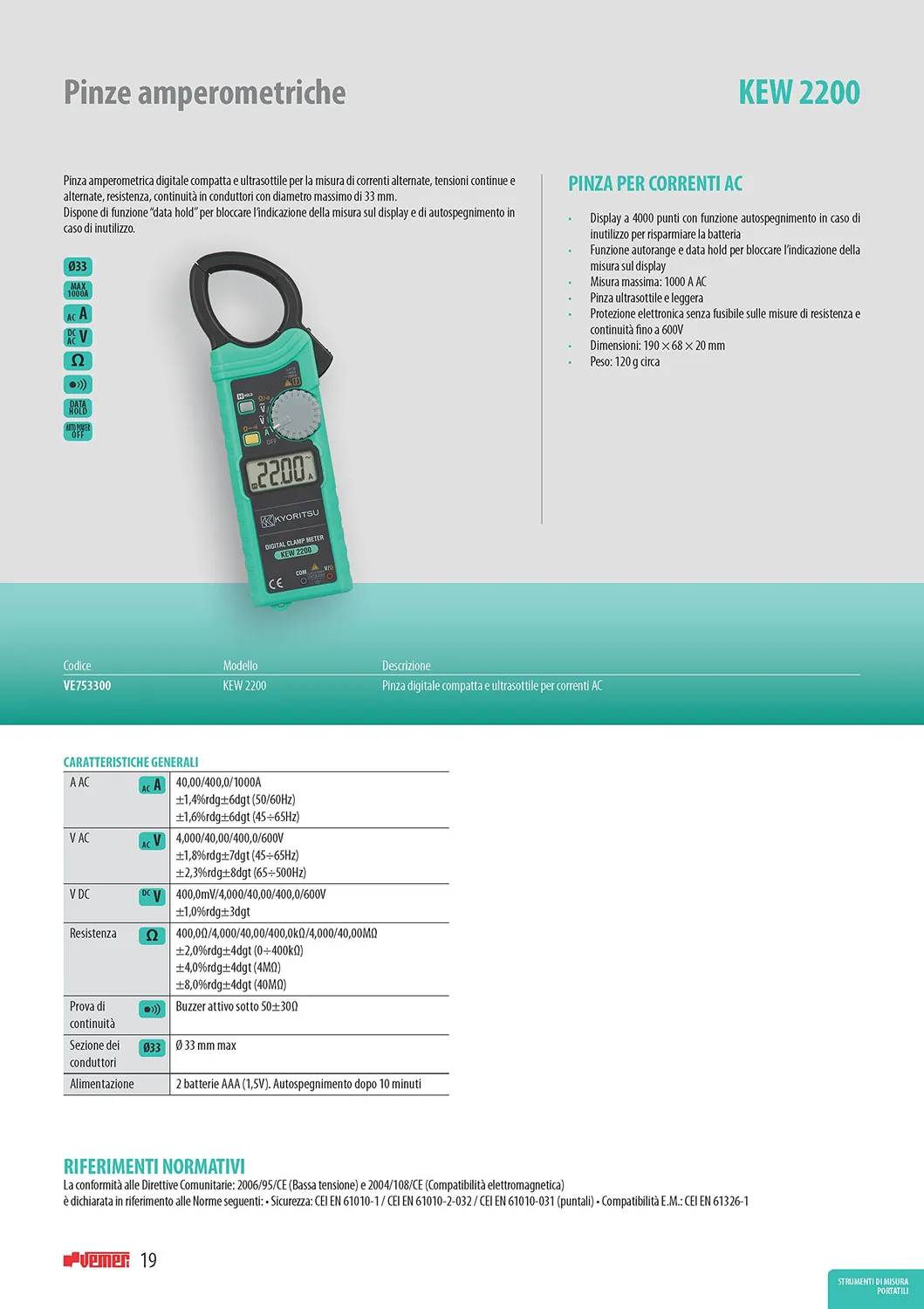 Kyoritsu KEW 2200 pinza amperometrica grigia 33 mm AC