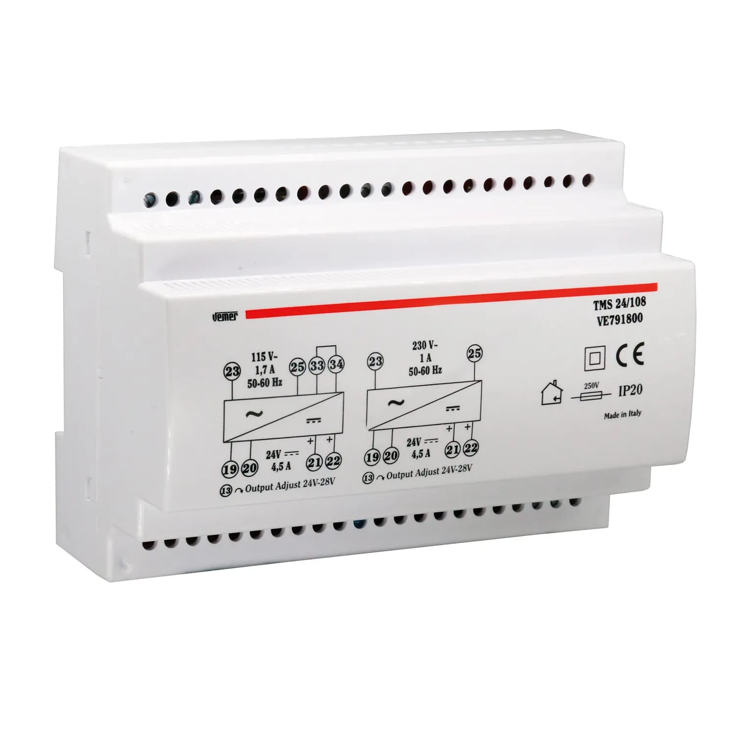 Vemer TMS 12/48 alimentatore 12V 48W barra DIN stabilizzato
