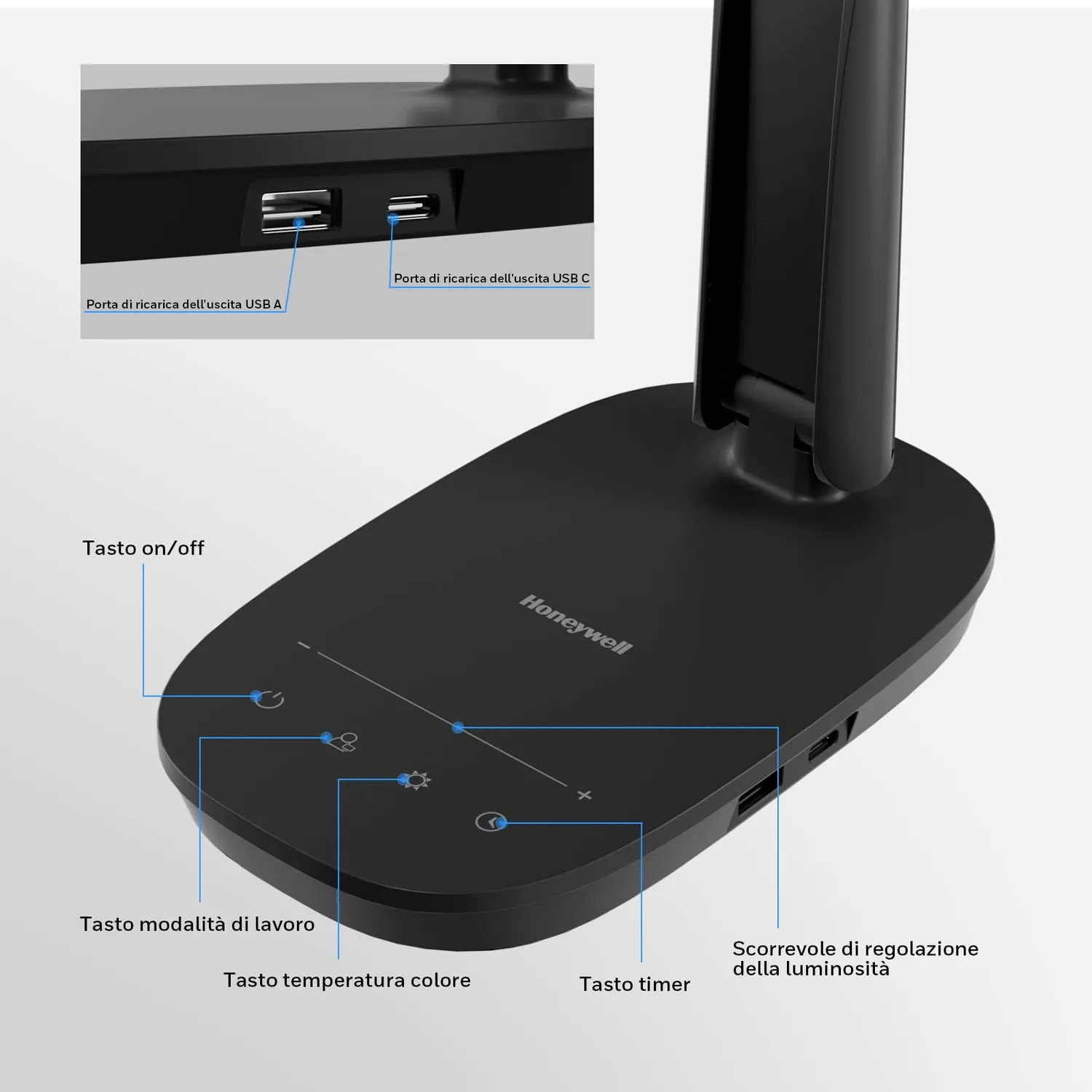 Honeywell HWT-H2 lampada scrivania LED nera USB-C